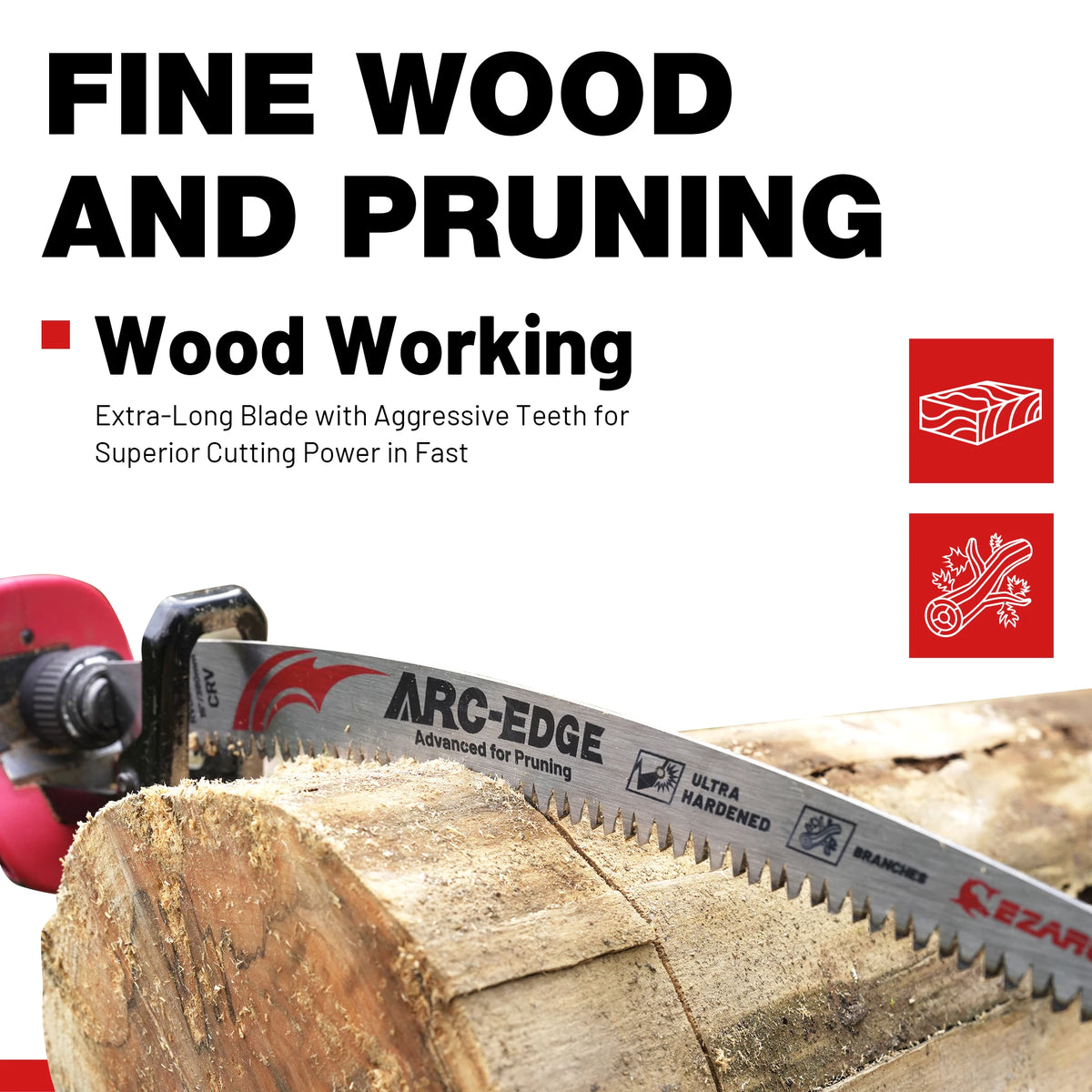 Close-up of an Arc-Edge wood cutting blade being used on a log for fine wood and pruning work.