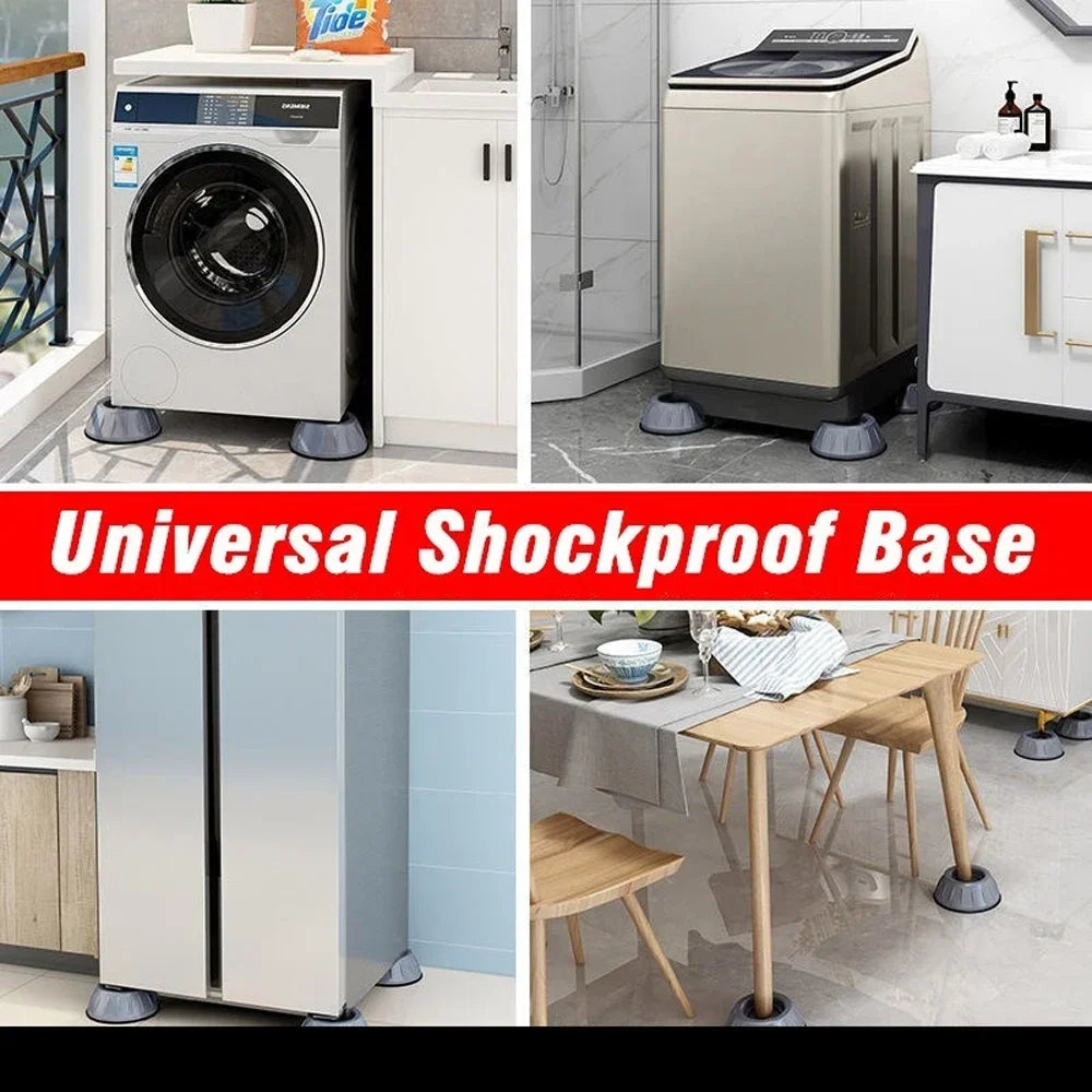 Universal shockproof base silicone feet pads for appliances shown under a washing machine and refrigerator.