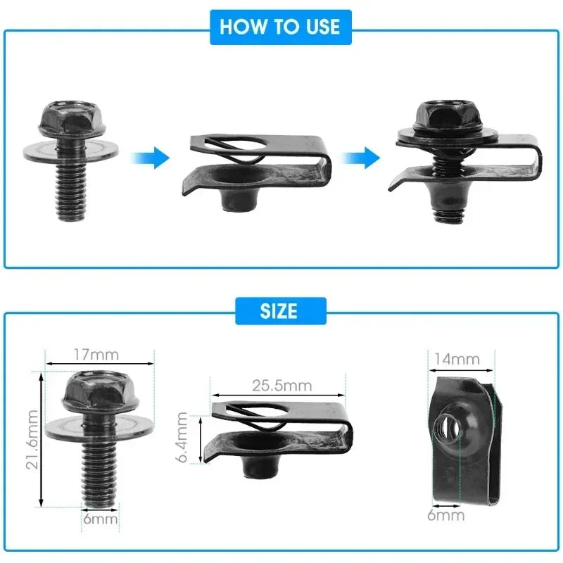 Diagram showing how to use U-type body bolts and clips for auto fastening, including various sizes.