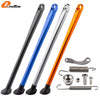 Set of motorcycle side stand kickstands in black, blue, and orange colors with various hardware components
