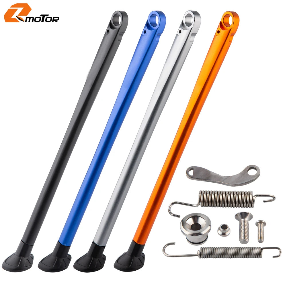 Set of motorcycle side stand kickstands in black, blue, and orange colors with various hardware components