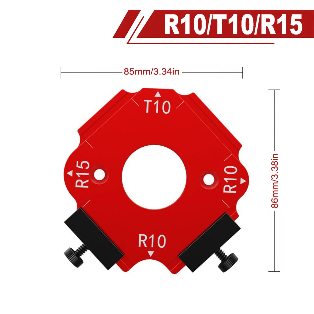 Red precision radius jig with T10, R10, and R15 markings for woodworking