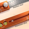 Close-up of an extendable multifuction scribing level ruler made of aluminum alloy and stainless steel.