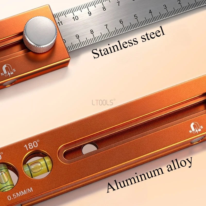 Close-up of an extendable multifuction scribing level ruler made of aluminum alloy and stainless steel.