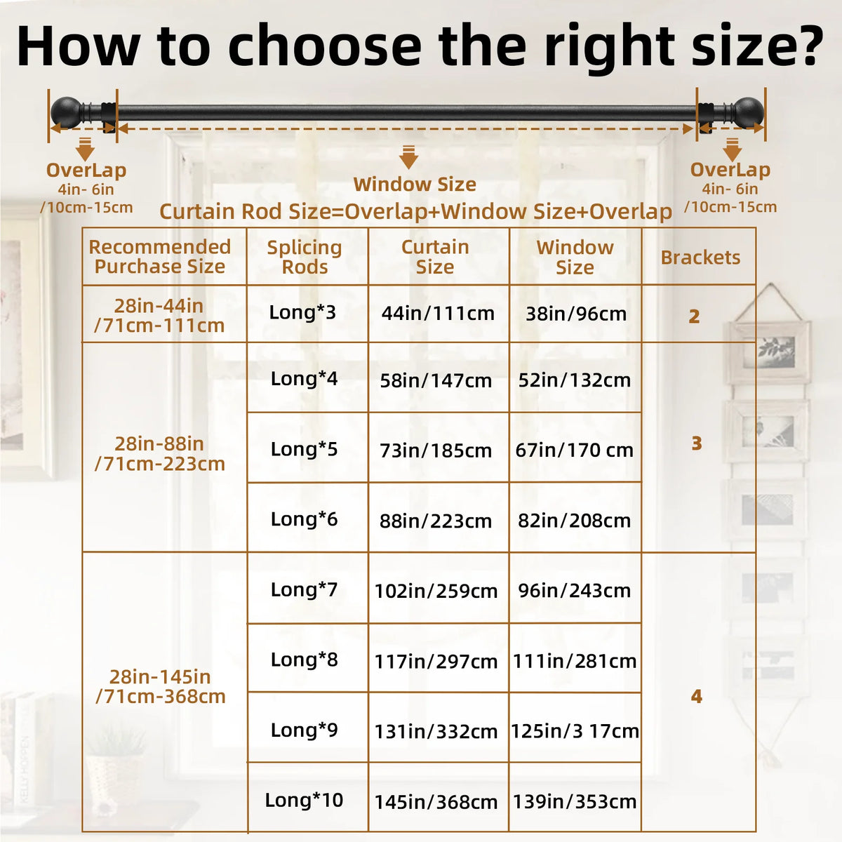 Diagram showing various sizes and configurations for choosing the right curtain rod, including rods, window size, and bracket