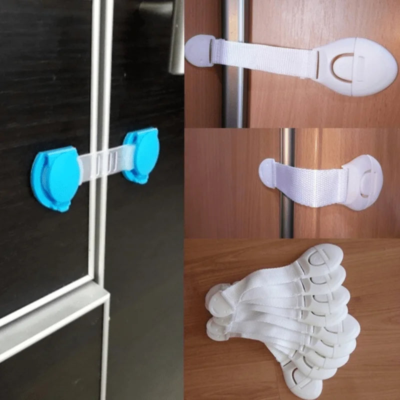 A set of six silicone safety clips for doors and drawers, including door clips and a pair of white silicone safety gloves.