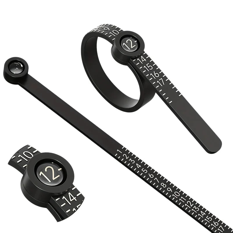 A black precision ring sizer featuring a ring and a ruler scale for measuring rings.