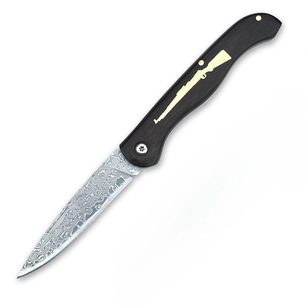 A folding knife with a silver blade and an ebony handle featuring a gold-colored etching.