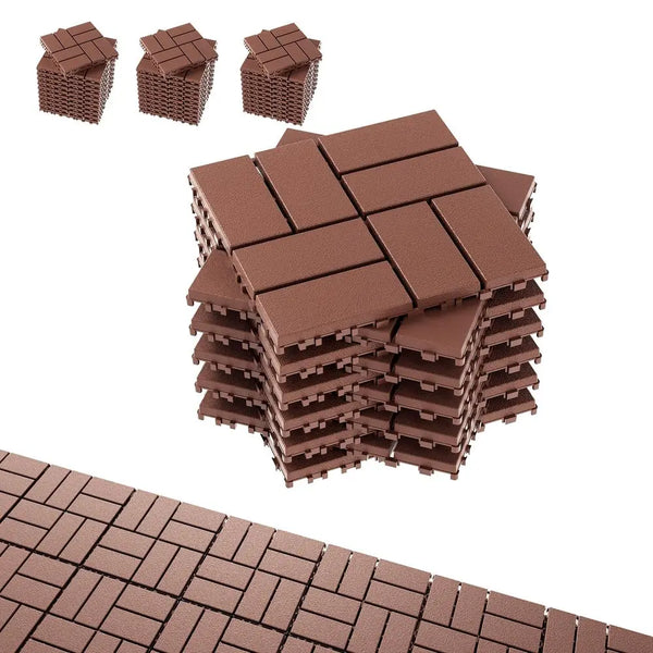 Stapel brauner, verstellbarer Außendielen für Terrassen, verschiedene Winkel und eine Lagenansicht.