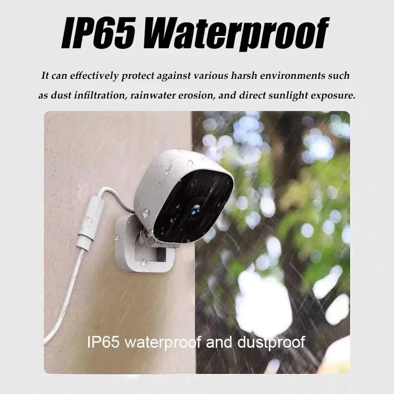 A white IP65 waterproof security camera is mounted on a wall, showing its protective casing and connection wire.