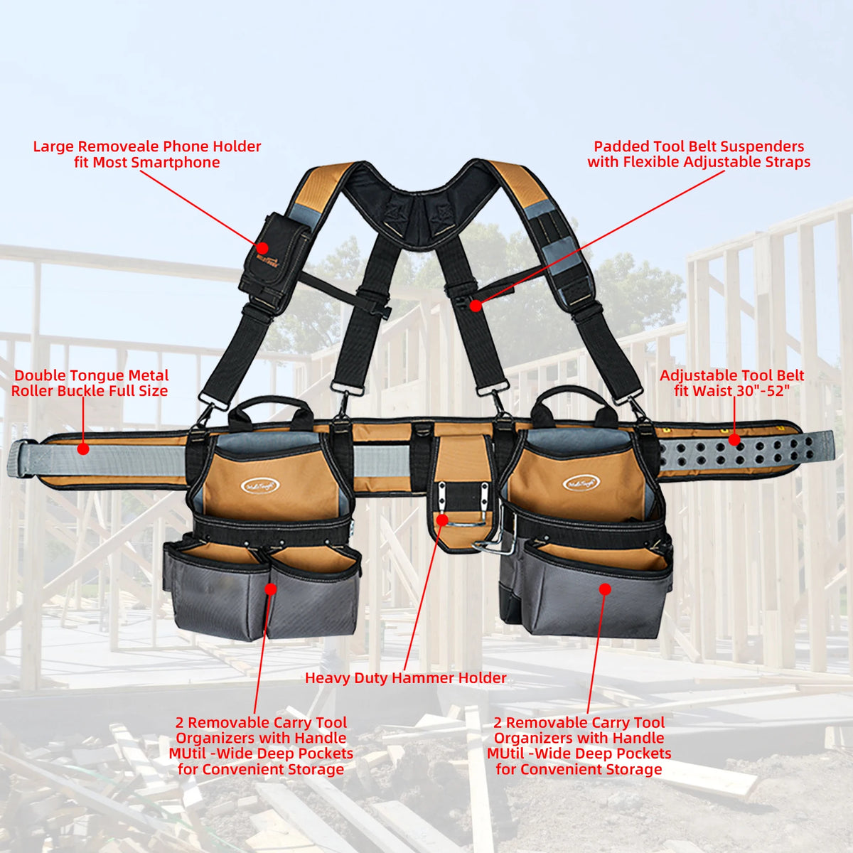 A heavy duty tool belt with padded suspenders, multiple organizers, and a large phone holder.