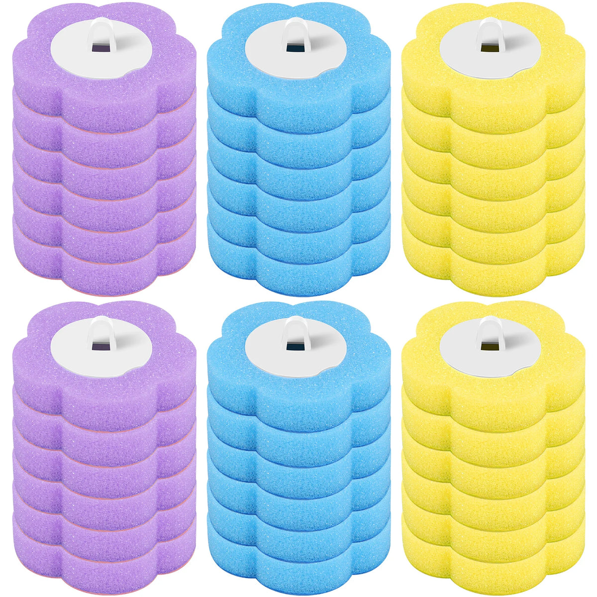 Un juego de cuatro kits reutilizables de escobas para el inodoro en morado, azul y amarillo.