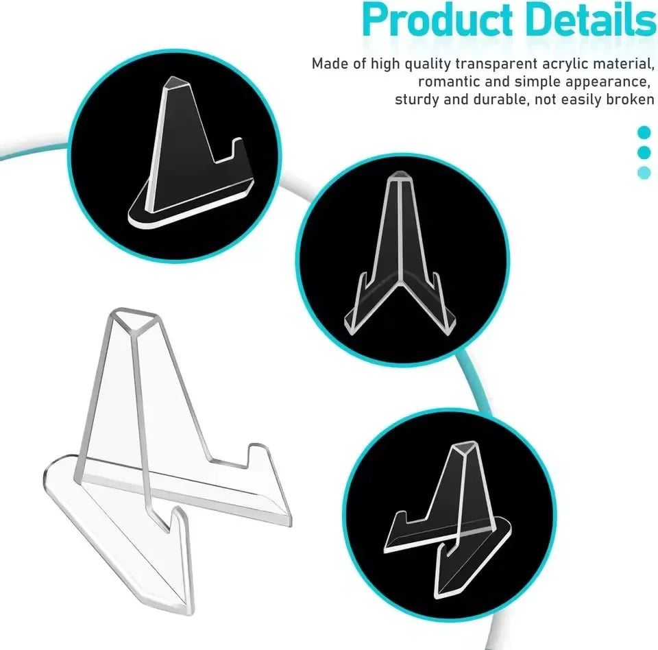 A set of clear acrylic display stands for collectibles shown in various angles.