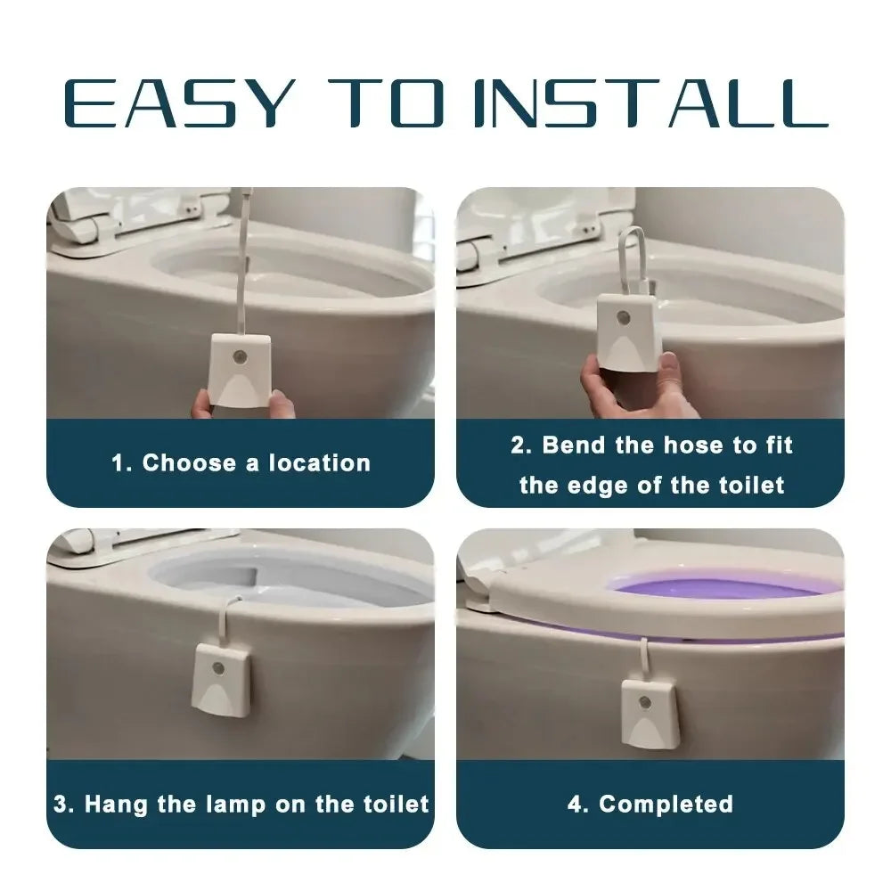 Instructions showing how to install a motion sensor night light on a toilet.