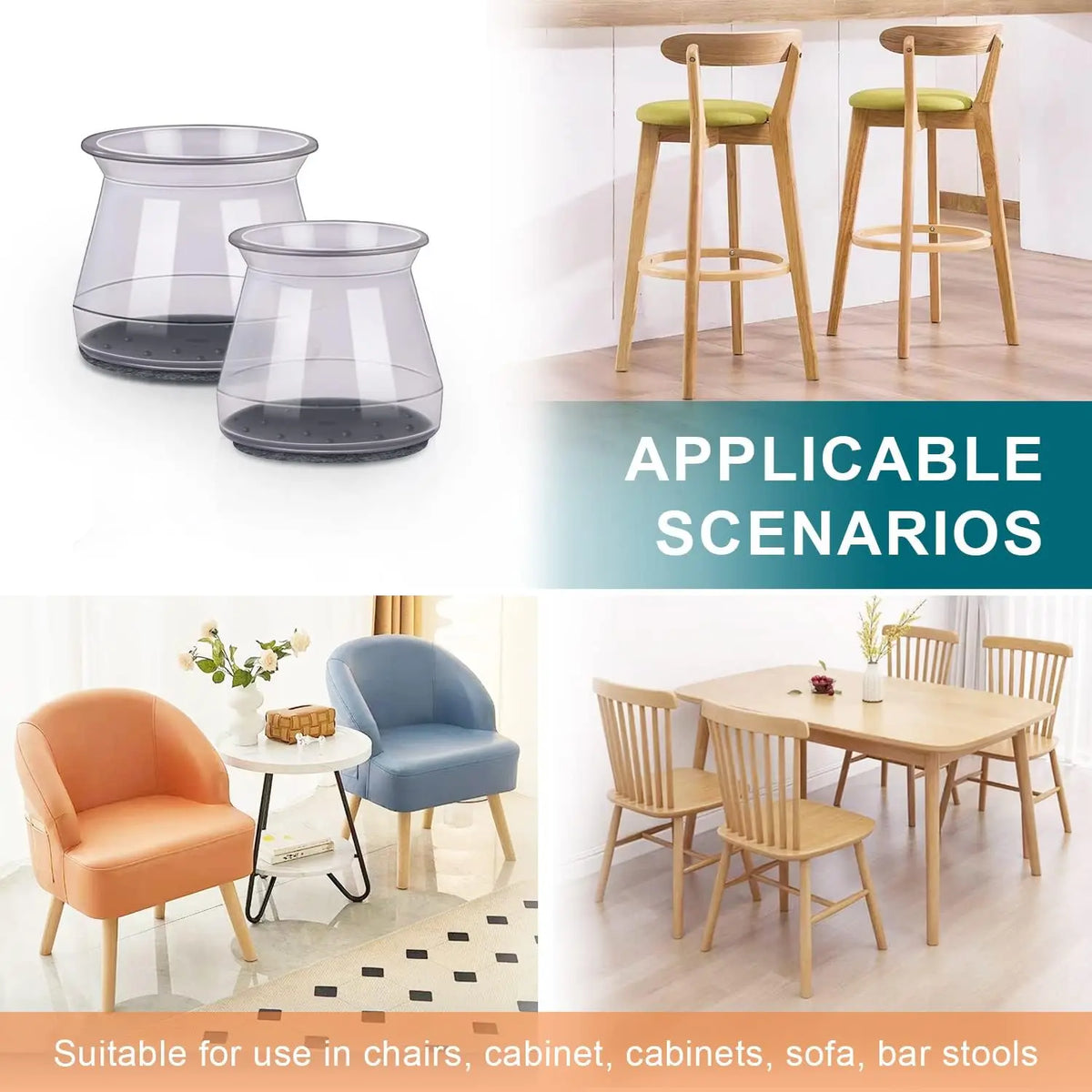 Clear silicone non-slip furniture leg pads shown with various sizes and applicable scenarios for chairs and tables
