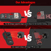 Comparison showing advantages of a flat design relay diagnostic tester over another model for insertion testing and larger pi