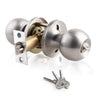 A close-up of a stainless steel keyed entry door knob with a brass core and a key.