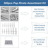 A kit of 500 pop rivets including various sizes, rust-resistant rivets, and a clear labeled case for storage.