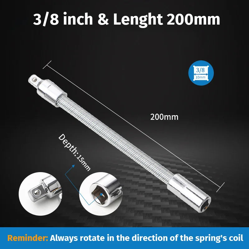 A silver 3/8 inch extension bar with a 200mm length and 15mm depth, shown in various views.