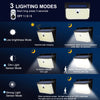 Diagram showing three lighting modes for an outdoor solar security light: Low brightness, Dim Light Sensor, and Strong Light