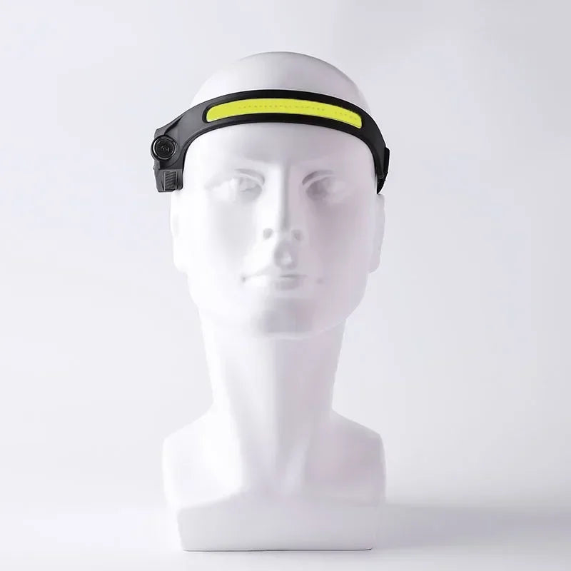 A white mannequin head wearing a black and yellow LED headlamp band.