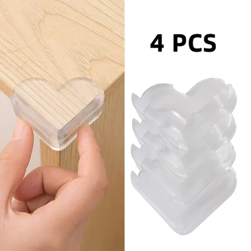 Four transparent PVC baby safety edge guards shown being held against a wooden surface.
