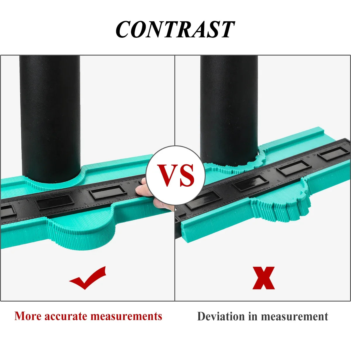 Comparison showing a profile contour gauge for woodworking, demonstrating accurate measurements versus deviation in measureme