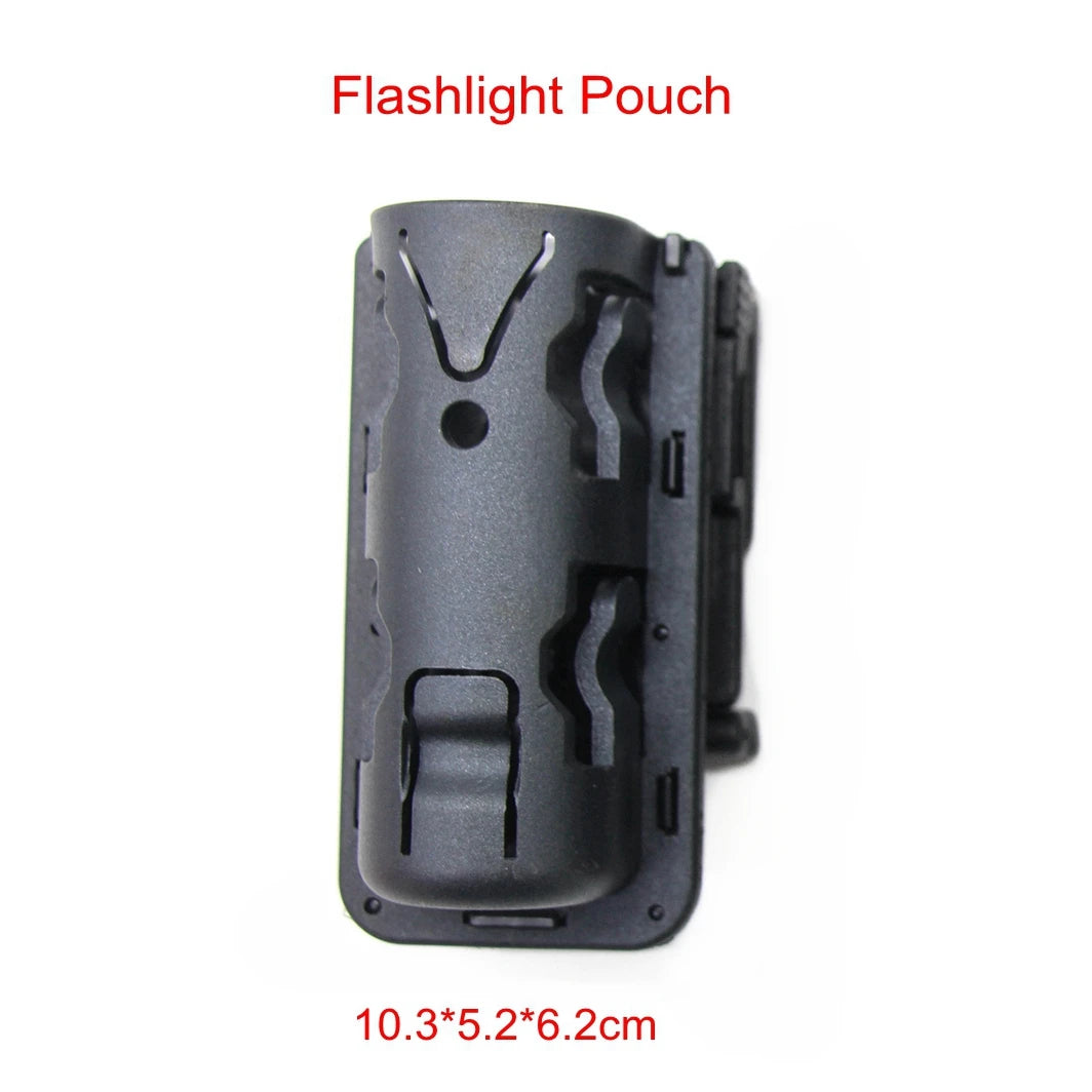 A black flashlight pouch with a tactical baton holder, measuring 10.3x5.2x6.2cm.