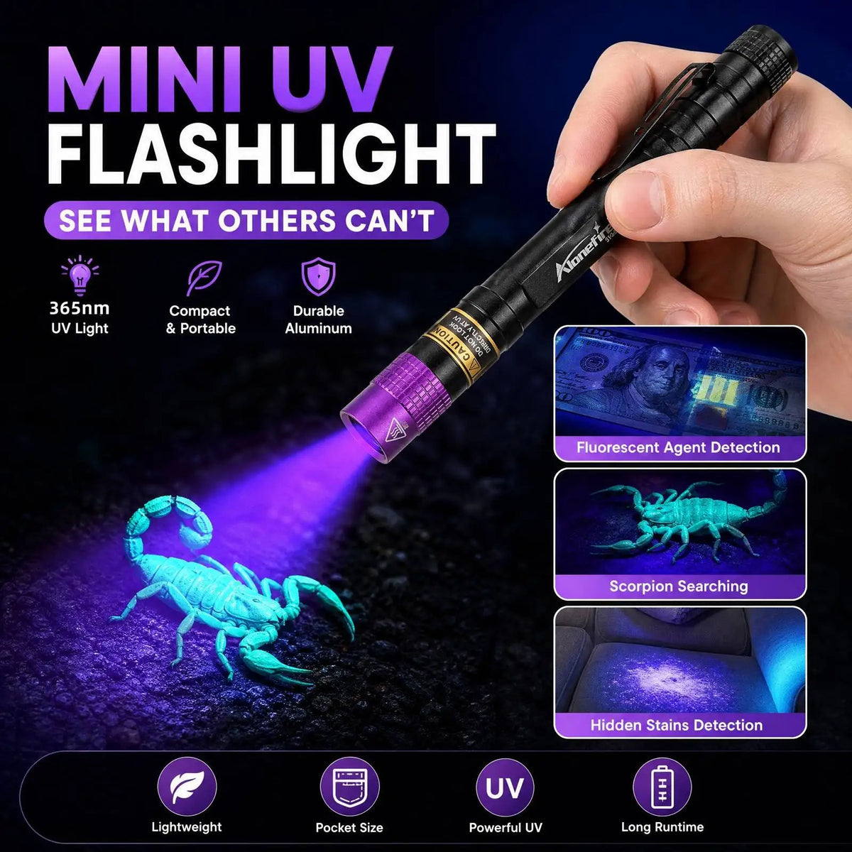 A hand holds a mini UV flashlight emitting purple light onto a green scorpion.