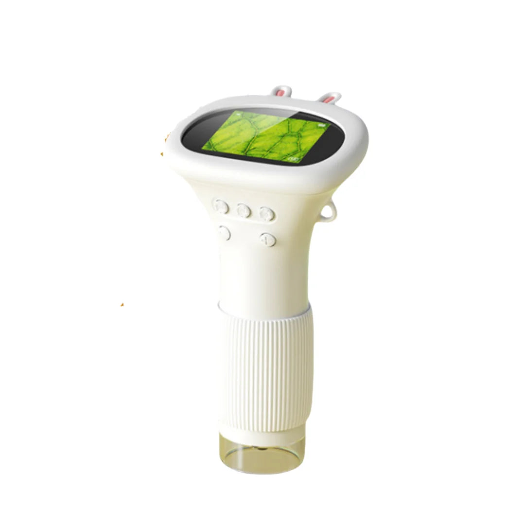 A white pocket digital microscope for kids with a green viewing lens and control buttons.