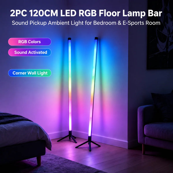 A pair of 120cm LED RGB floor lamp bars illuminating a room with vibrant colors for gaming and ambient lighting.
