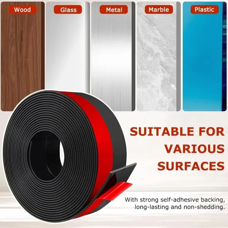 Roll of black and red self-adhesive door draft stopper seal strips for various surfaces