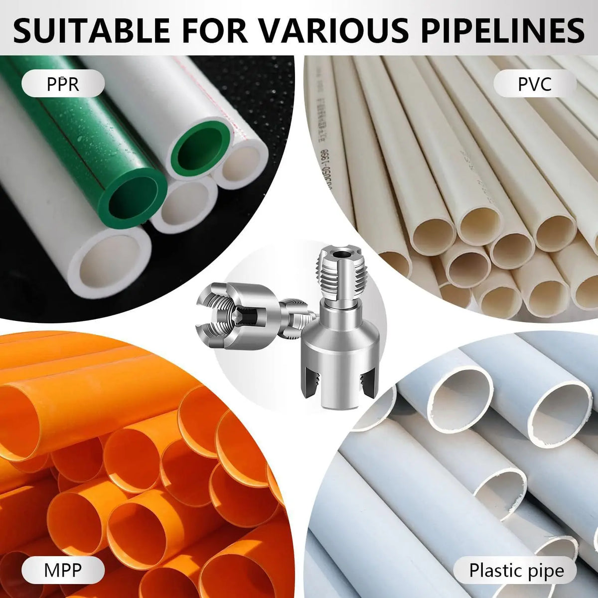 A collection of various plastic pipes including PPR, PVC, MPP, and plastic pipe, shown with a drill pipe thread cutting tool 