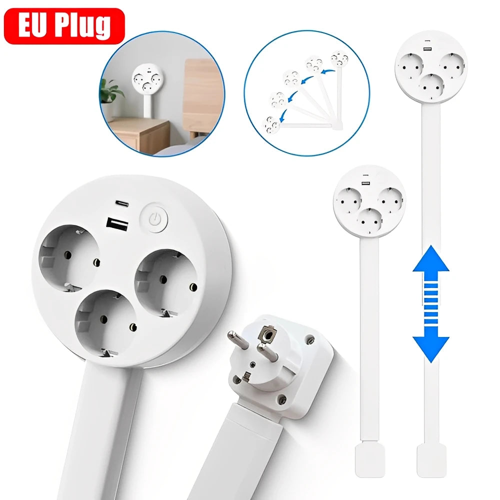 A white rotating electrical outlet extender with a plug and a long extension cord shown next to diagrams.