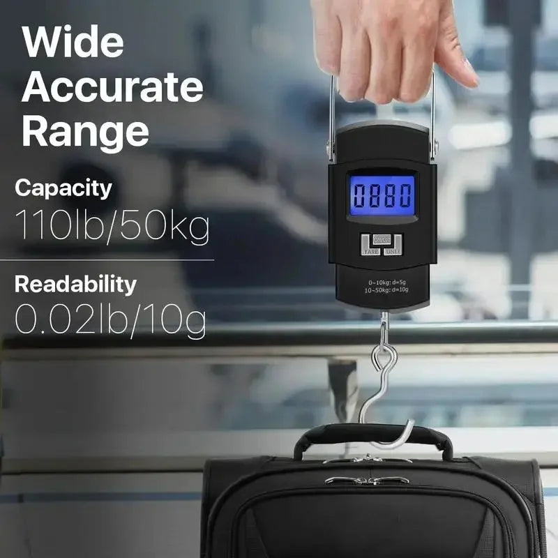 A hand holds a black digital fishing scale with a hook, demonstrating its accuracy and range.