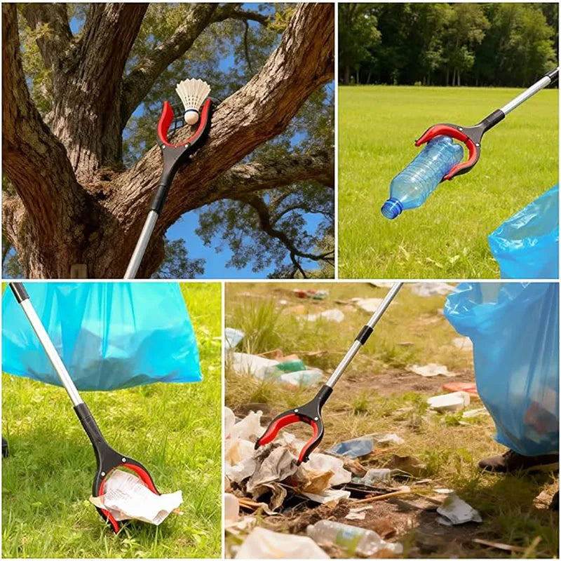 A foldable litter picker and trash reacher tool is shown in various contexts, including near a tree, in grass, and picking up