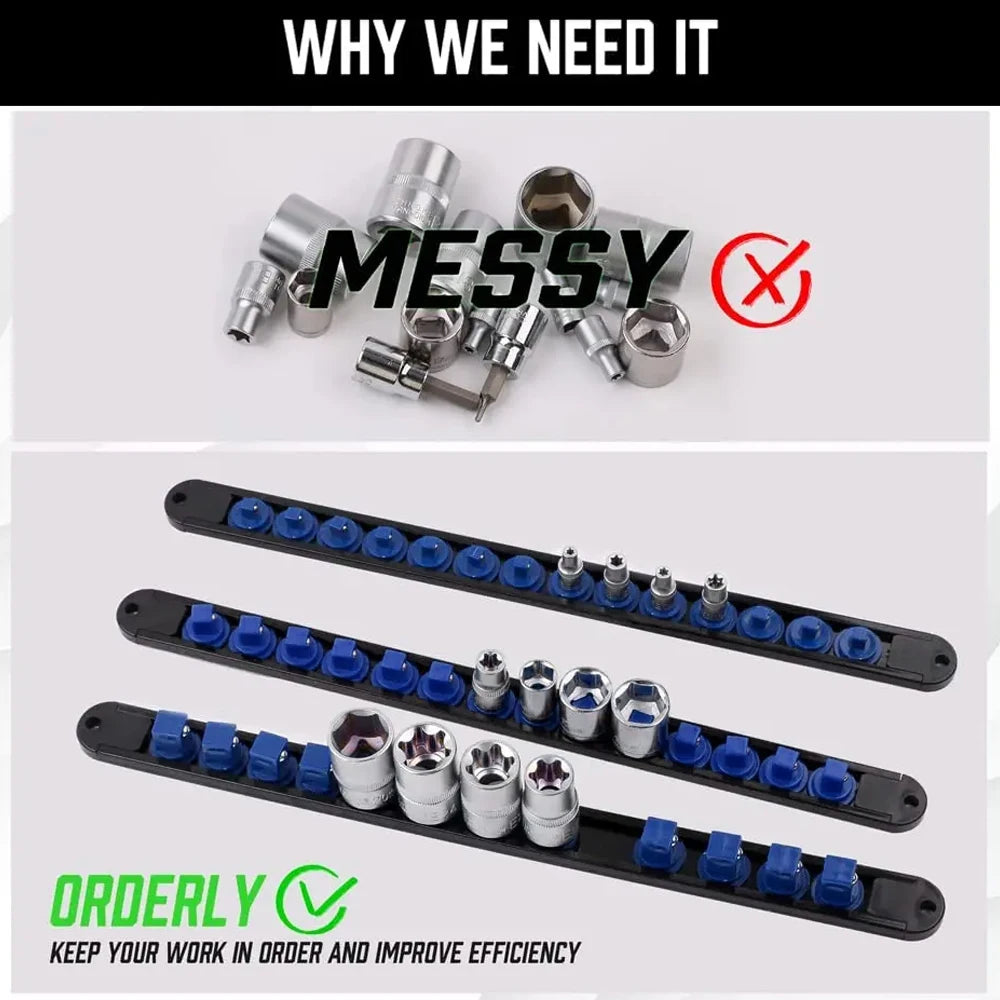 A black tool organizer rail with multiple sockets and tools for keeping work in order.