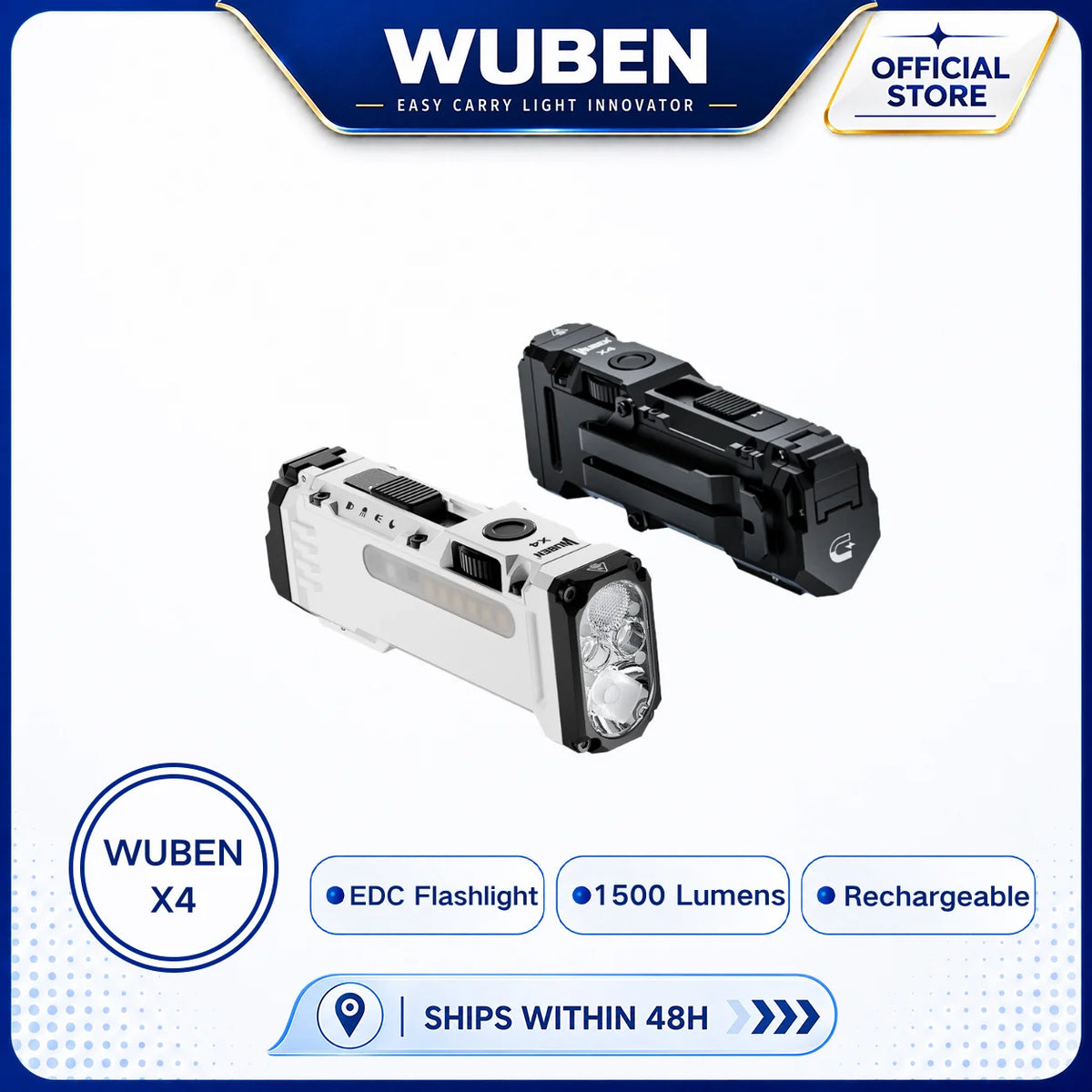 A black and white Wuben X4 tactical LED flashlight is shown against a white background.