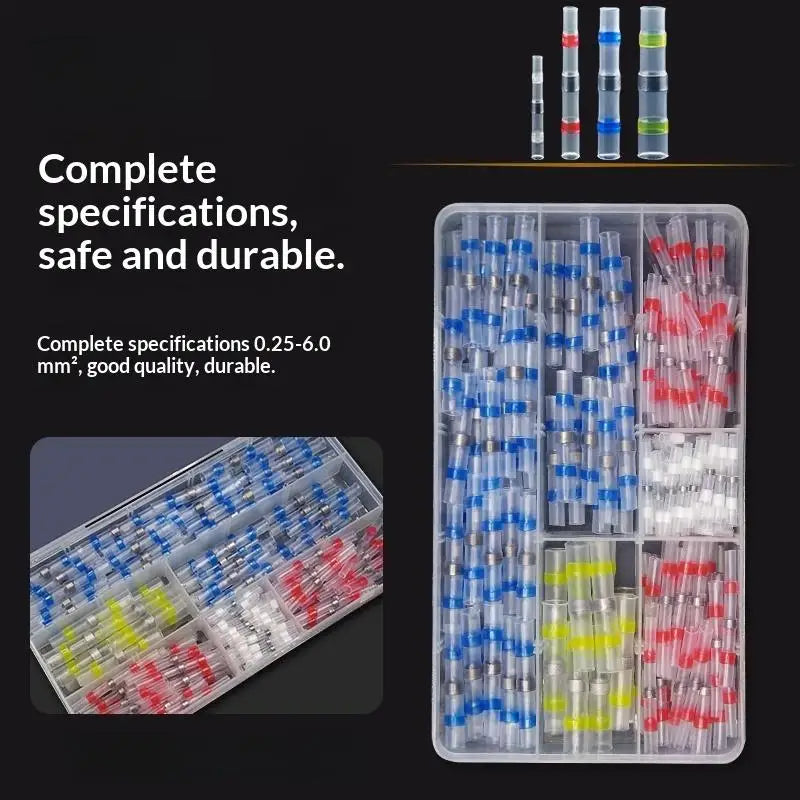 A clear plastic container holds various high-performance electric copper solder connectors in different colors and sizes.