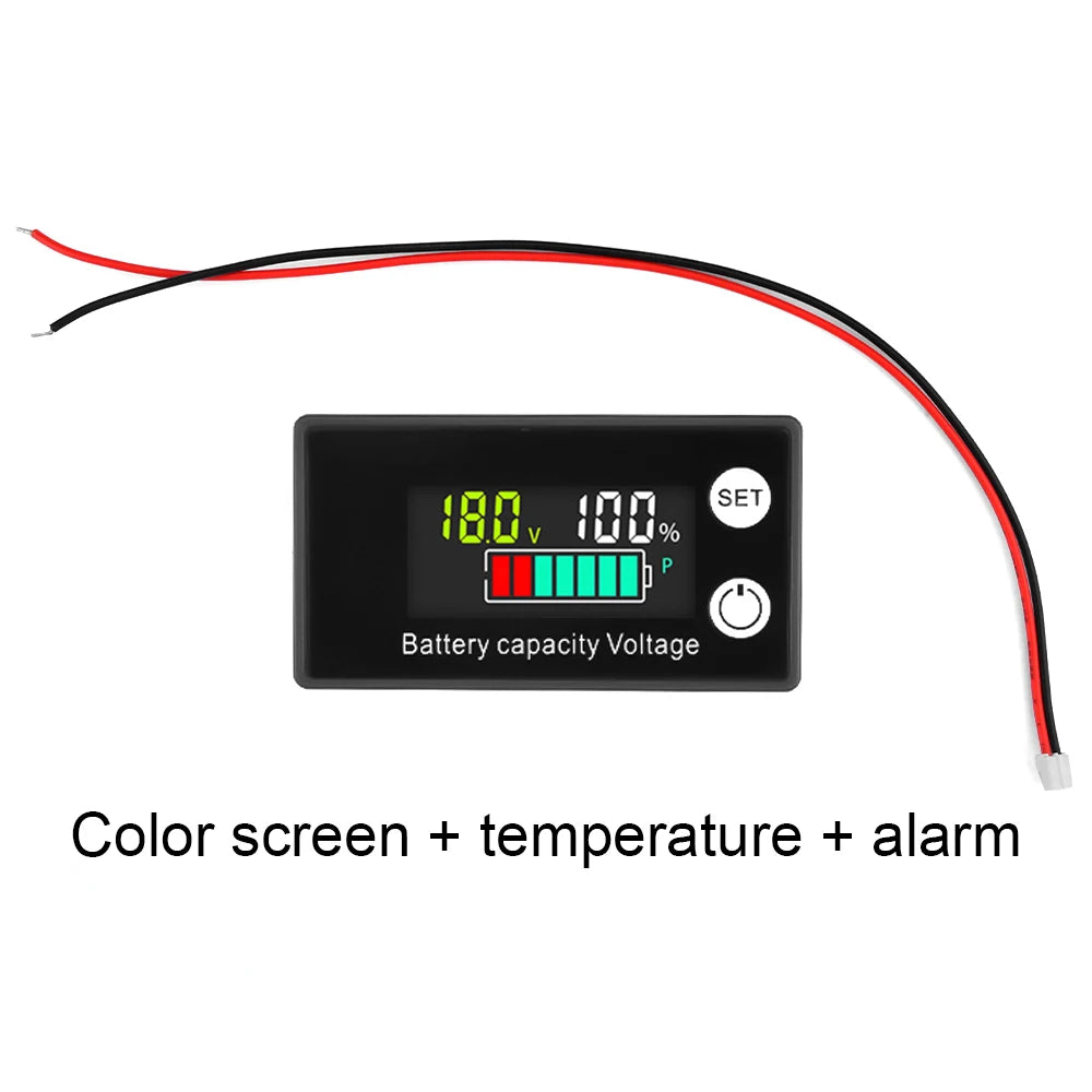 A digital battery capacity tester device with a color screen displaying 180V and 100% capacity, connected by red and black wi