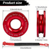 A red heavy-duty synthetic rope and shackle with various dimensions shown.