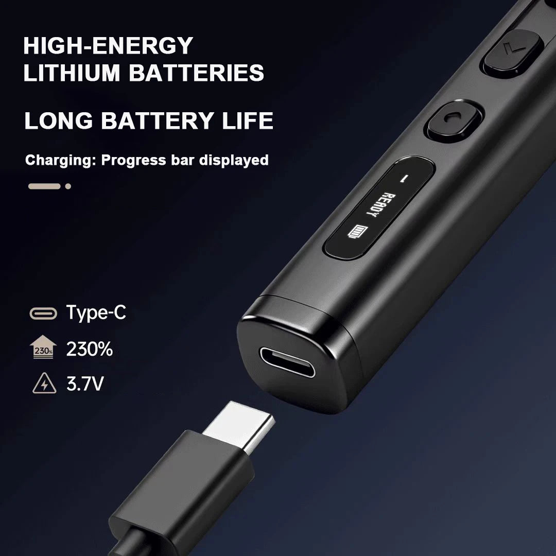 A close-up view of a black lithium battery and charging cable for an electric precision screwdriver repair kit.