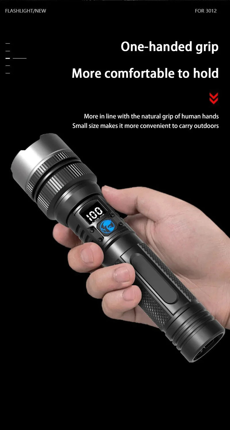 A hand holds a black flashlight with a digital display, demonstrating its one-handed grip.