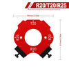 Red precision radius jig with T20 and R25 markings for woodworking