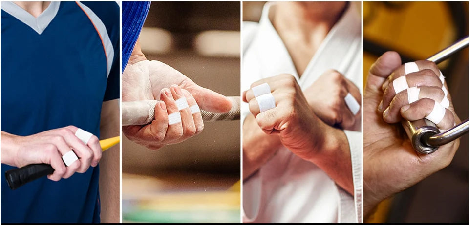 Nahaufnahmen zeigen das Anbringen von professionellem Sport-Fingertape an den Händen zur Behandlung von Sportverletzungen.