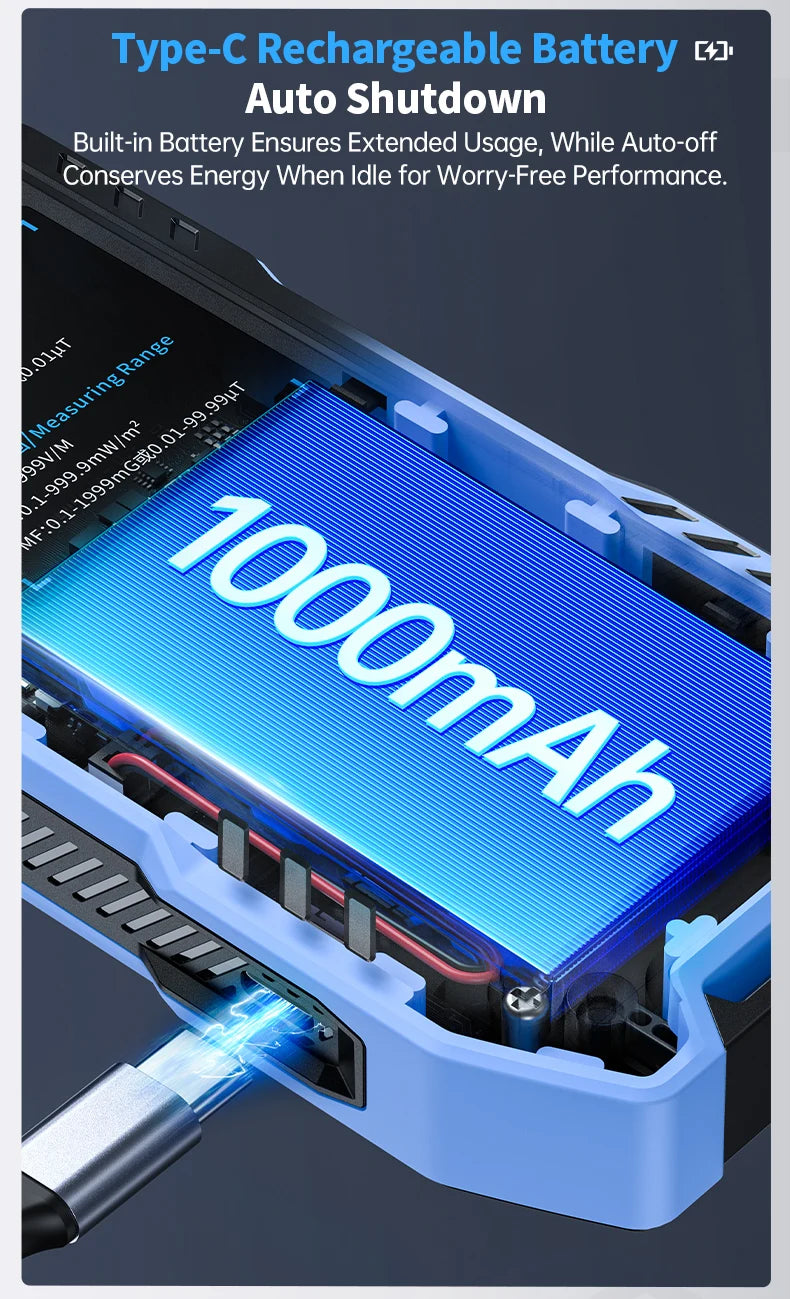 A close-up view of a Type-C rechargeable battery with a blue display and connector, showing its capacity.