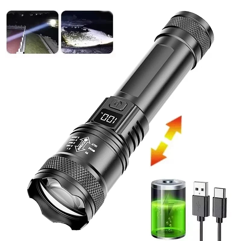 A black high-power rechargeable LED tactical flashlight with a lens and battery visible.