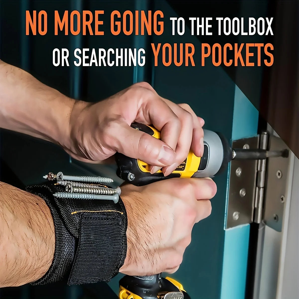 A hand is using a magnetic wristband tool to hold and drive a screw into a wooden surface.