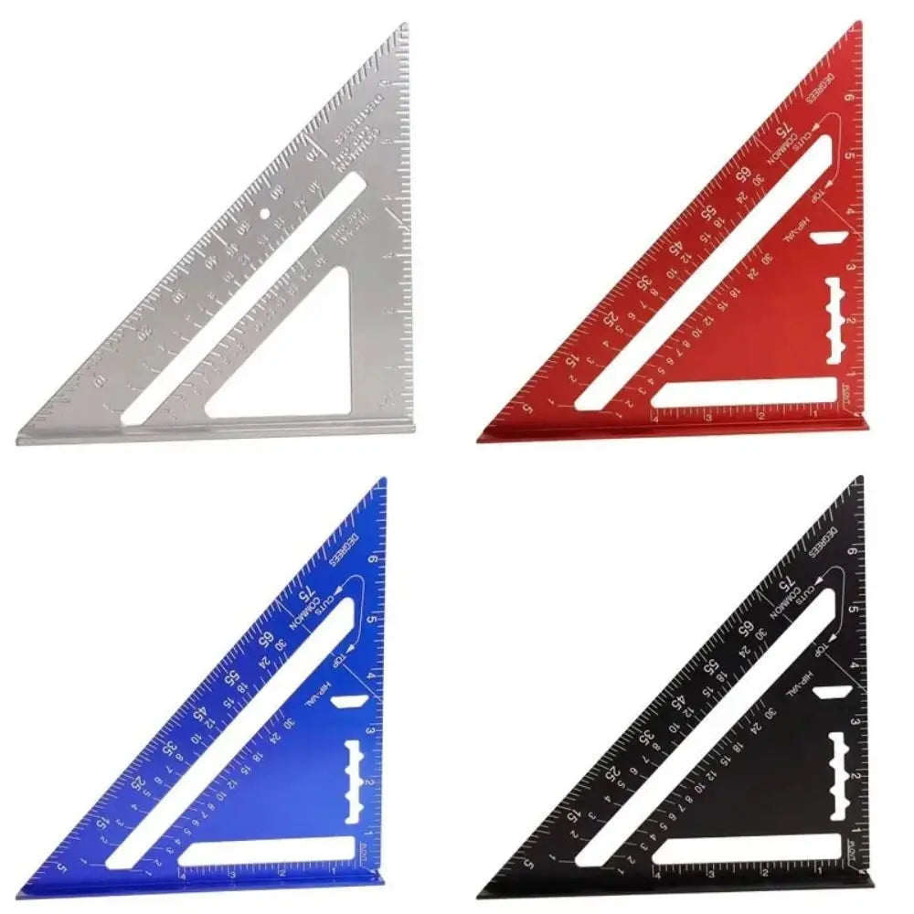 A set of three precision aluminum triangle rulers in silver, red, and blue.