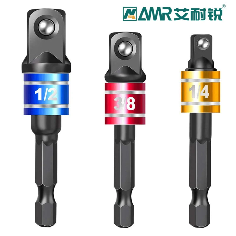 Set of impact grade socket adapters for power drills, showing different sizes 1/2, 3/8, and 1/4.